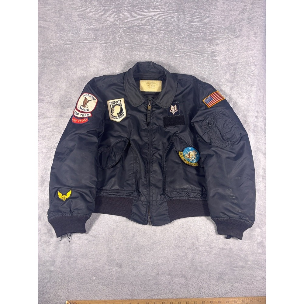 CWU-45/P Vintage 80s Flyer Jacket Mens L Black Full Zip Patches Pow Mia Jump